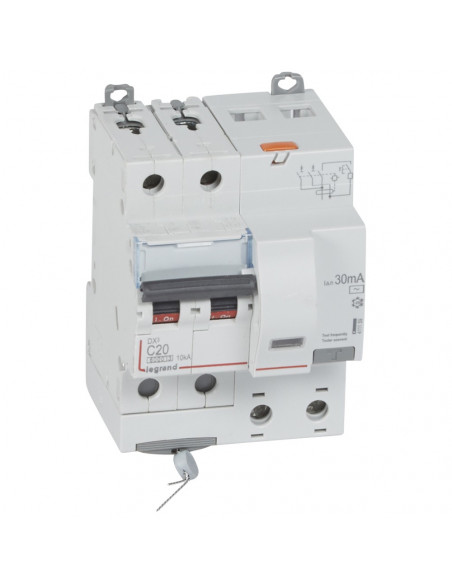 Disjoncteur différentiel monobloc DX³6000 10kA arrivée haute départ bas vis 2 Pôles 230V à 400V 20A type AC 30mA LEGRAND 411159