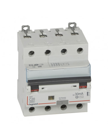 Disjoncteur différentiel monobloc DX³6000 10kA arrivée haute et départ bas à vis 4 Pôles 400V 20A type AC 30mA LEGRAND 411187