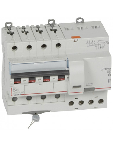 Disjoncteur différentiel monobloc DX³6000 10kA arrivée et départ à vis 4 Pôles 400V~ 40A type AC 30mA LEGRAND 411190