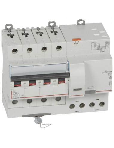 Disjoncteur différentiel monobloc DX³6000 10kA 4 Pôles 400V~ 63A type AC 30mA LEGRAND 411203