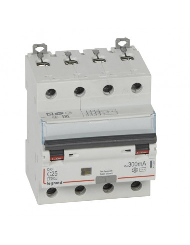 Disjoncteur différentiel monobloc DX³6000 10kA arrivée haute et départ bas à vis 4 Pôles 400V 25A type AC 300mA LEGRAND 411207