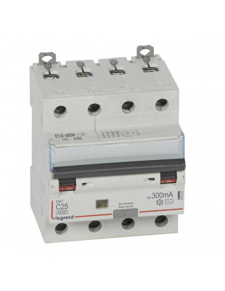 Disjoncteur différentiel monobloc DX³6000 10kA arrivée haute et départ bas à vis 4 Pôles 400V 25A type AC 300mA LEGRAND 411207