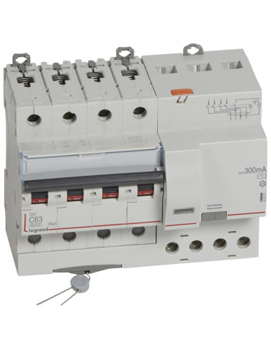Disjoncteur différentiel monobloc DX³6000 10kA arrivée haute et départ bas à vis 4 Pôles 400V 63A type AC 300mA LEGRAND 411211