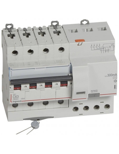Disjoncteur différentiel monobloc DX³6000 10kA arrivée haute et départ bas à vis 4 Pôles 400V 63A type AC 300mA LEGRAND 411211