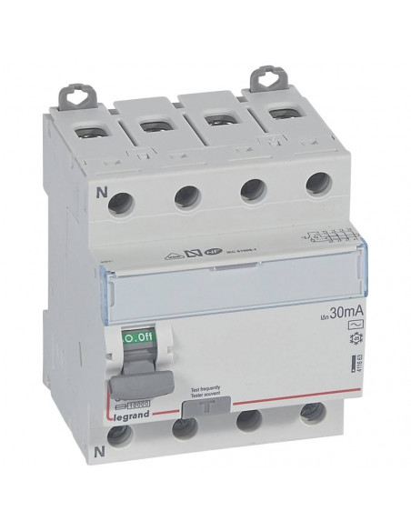 Interrupteur différentiel DX³-ID arrivée haute et départ bas à vis 4 Pôles 400V~ 80A type AC 30mA 4 modules LEGRAND 411663