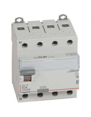 Interrupteur différentiel DX³-ID arrivée haute et départ bas à vis 4 Pôles 400V~ 63A type AC 300mA 4 modules LEGRAND 411666