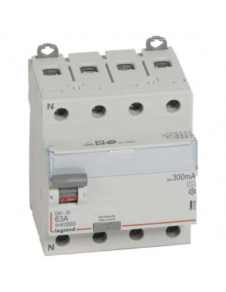 Interrupteur différentiel DX³-ID arrivée haute et départ bas à vis 4 Pôles 400V~ 63A type AC 300mA 4 modules LEGRAND 411666