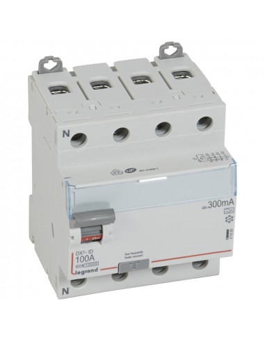 Interrupteur différentiel DX³-ID arrivée haute et départ bas à vis 4 Pôles 400V 100A type A 300mA 4 modules LEGRAND 411688