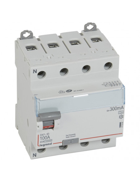 Interrupteur différentiel DX³-ID arrivée haute et départ bas à vis 4 Pôles 400V 100A type A 300mA 4 modules LEGRAND 411688