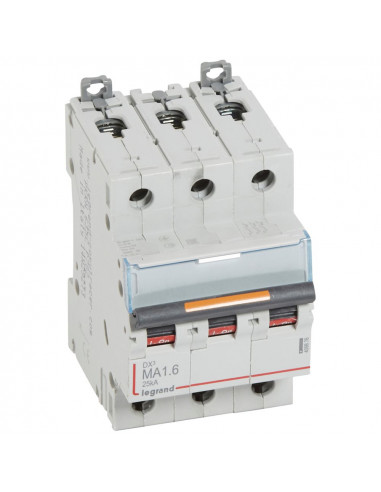 Disjoncteur magnétique seul DX³ MA 25kA arrivée haute et départ bas à vis 3 Pôles 400V 1,6A 3 modules LEGRAND 409876