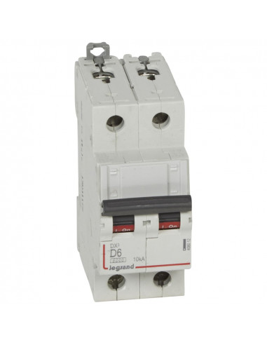 Disjoncteur DX³6000 arrivée haute et départ bas à vis 2 Pôles 230V à 400V 6A courbe D 2 modules LEGRAND 408012