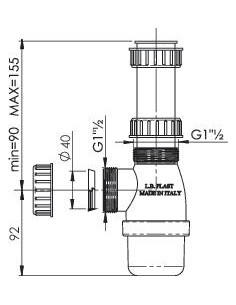 Siphon d'évier à hauteur réglable de 90 à 155mm ø40 114-40H 2