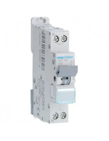 Disjoncteur 1P+N 6-10kA courbe D 20A 1 module HAGER NGT720
