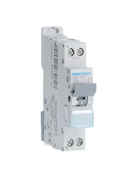 Disjoncteur 1P+N 6-10kA courbe D 20A 1 module HAGER NGT720