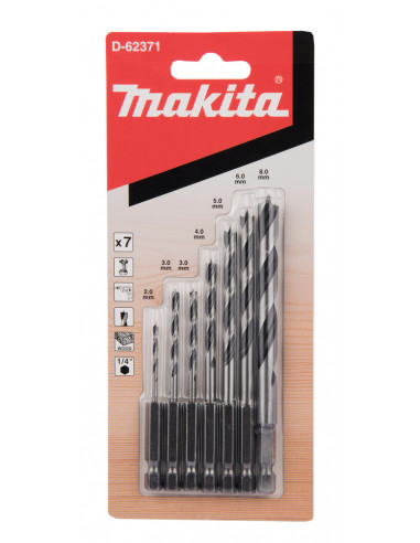 Ensemble 7 mèches à bois hélicoïdales, emmanchement hexa 1/4'' 2/3/3/4/5/6/8mm MAKITA D-62371