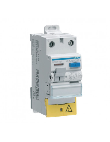 Interrupteur différentiel 1P+N 40A 30mA type AC à bornes décalées HAGER CDC140F