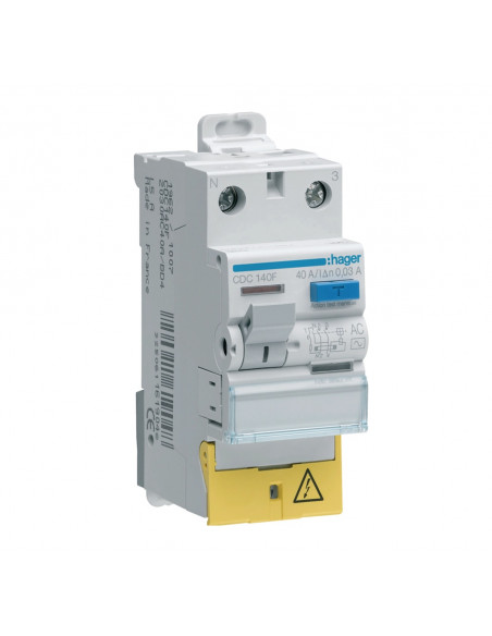 Interrupteur différentiel 1P+N 40A 30mA type AC à bornes décalées HAGER CDC140F