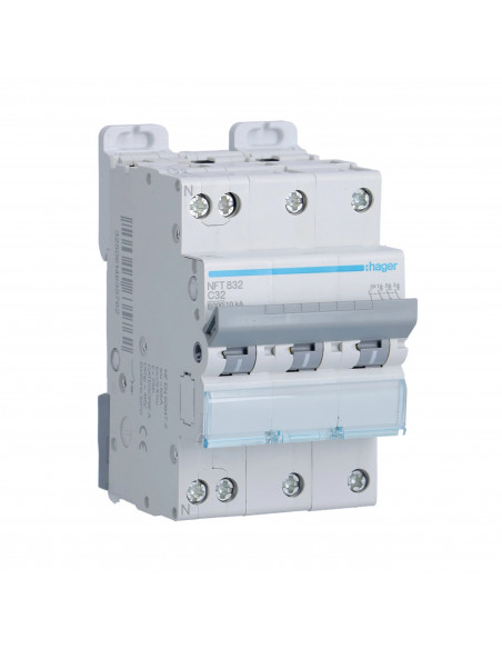 Disjoncteur 3P+N 10kA courbe C 32A 3 modules HAGER NFT832