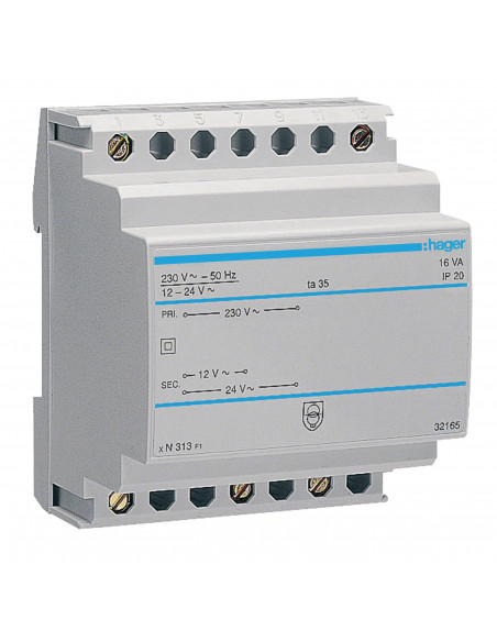 Transformateur sécurité 16VA 230V-12 à 24V HAGER ST313