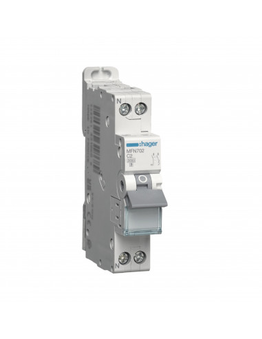 Disjoncteur Phase Neutre 2A 3kA Courbe C bornes à vis 1 Module HAGER MFN702
