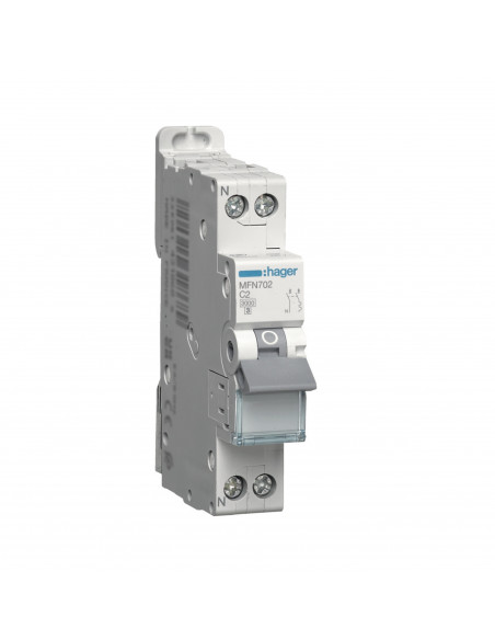Disjoncteur Phase Neutre 2A 3kA Courbe C bornes à vis 1 Module HAGER MFN702
