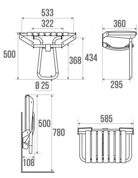 Siège de douche escamotable grande taille tube aluminium+inox assise avec lattes polypropylène blanc PELLET ASC 047632