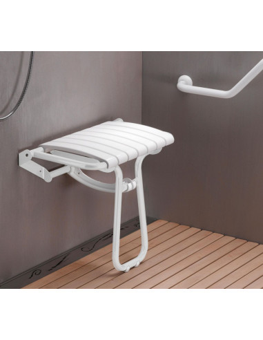 Siège de douche escamotable grande taille tube aluminium+inox assise avec lattes polypropylène blanc PELLET ASC 047632