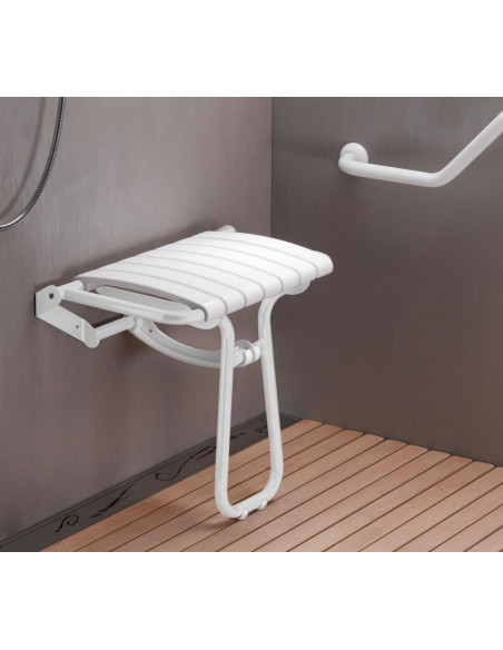 Siège de douche escamotable grande taille tube aluminium+inox assise avec lattes polypropylène blanc PELLET ASC 047632