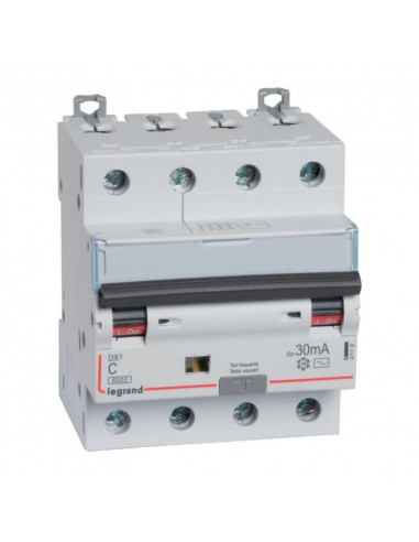 Disjoncteur différentiel monobloc DX³6000 10kA arrivée haute et départ bas à vis 4 Pôles 400V 32A type AC 30mA LEGRAND 411189