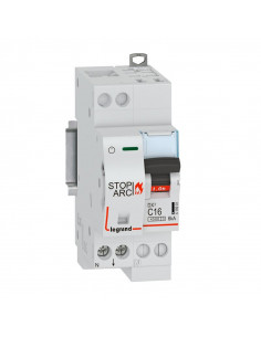 Disjoncteur DX³ STOP ARC 4500 6kA arrivée haute auto sortie basse à vis 1P+N 230V~ 16A courbe C 2 modules LEGRAND 415901 2