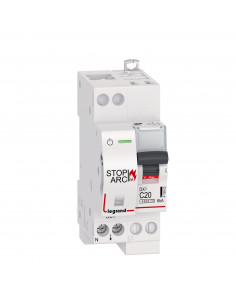 Disjoncteur DX³ STOP ARC 4500 6kA arrivée haute auto sortie basse borne à vis 1P+N 230V~ 20A courbe C 2 modules LEGRAND 415902