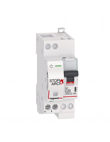 Disjoncteur DX³ STOP ARC 4500 6kA arrivée haute auto sortie basse borne à vis 1P+N 230V~ 20A courbe C 2 modules LEGRAND 415902