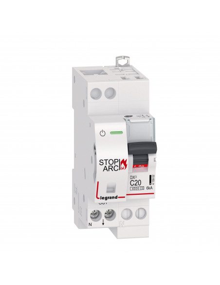 Disjoncteur DX³ STOP ARC 4500 6kA arrivée haute auto sortie basse borne à vis 1P+N 230V~ 20A courbe C 2 modules LEGRAND 415902