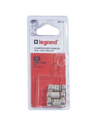 3 Cartouches fusibles pour porte-fusibles sans témoin - 10,3x25,8mm 16A LEGRAND 092912