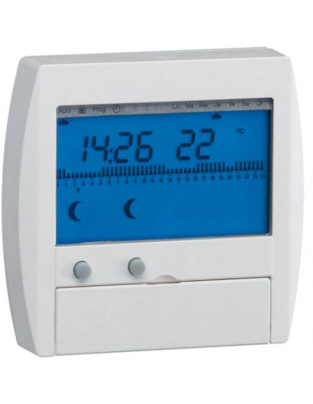 Programmateur digital semi-encastré chauf élec avec fil pilote 2 zones 7j 230V HAGER 30111