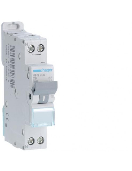 Disjoncteur 1P+N 3kA C-6A 1 Module HAGER MFN706