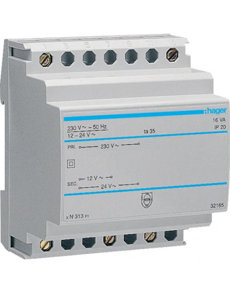 Transformateur sécurité 16VA 230V-12 à 24V HAGER ST313