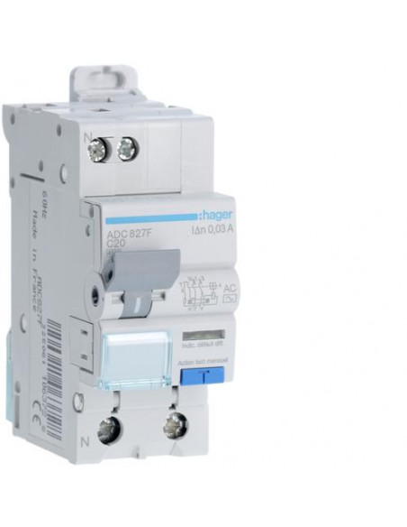 Disjoncteur Différentiel 1P+N 4.5kA C-20A 30mA type AC 60Hz HAGER ADC827F