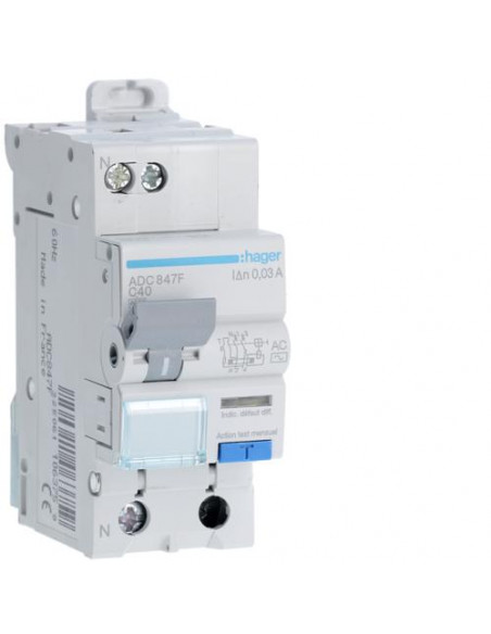 Disjoncteur Différentiel 1P+N 4.5kA C-40A 30mA type AC 60Hz HAGER ADC847F