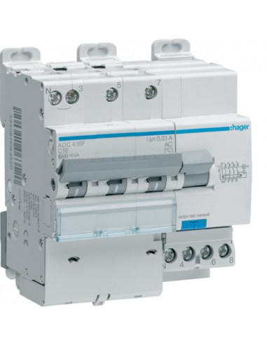 Disjoncteur Différentiel 3P+N 6-10kA courbe C - 16A 30mA type AC HAGER ADC416F