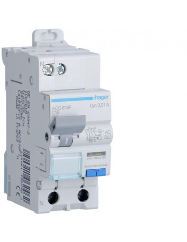 Disjoncteur différentiel 1P+N 4.5-6kA courbe C - 16A 10mA type AC HAGER ACC816F