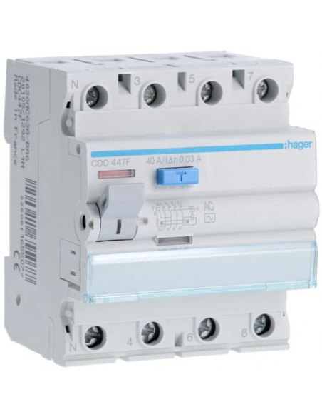 Interrupteur différentiel 4 Pôles 40A 30mA type AC 60Hz HAGER CDC447F