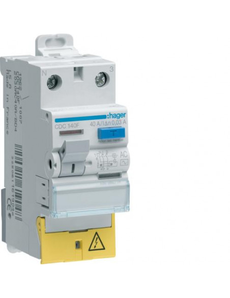 Interrupteur différentiel 1P+N 40A 30mA type AC à bornes décalées HAGER CDC140F
