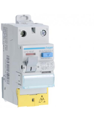 Interrupteur différentiel 1P+N 63A 300mA type AC à bornes décalées HAGER CFC163F