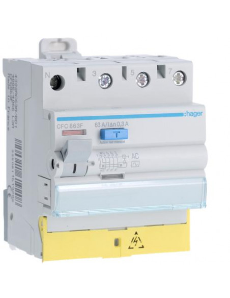 Interrupteur différentiel 3P+N 63A 300mA type AC à bornes décalées HAGER CFC863F