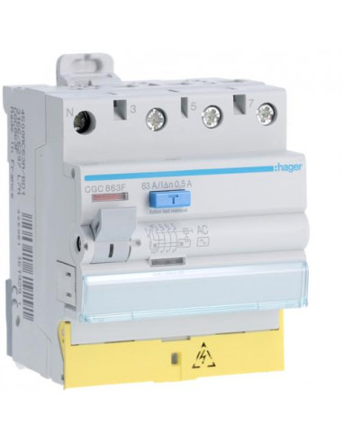 Interrupteur différentiel 3P+N 63A 500mA type AC à bornes décalées HAGER CGC863F