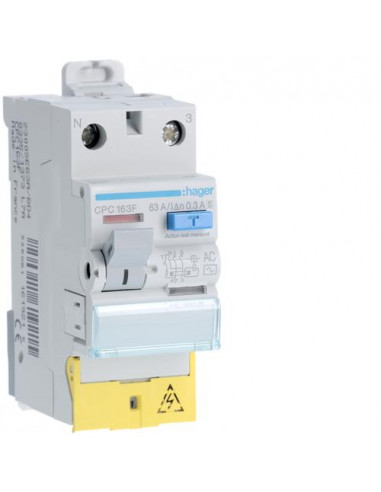 Interrupteur différentiel 1P+N 63A 300mA type AC S à bornes décalées HAGER CPC163F