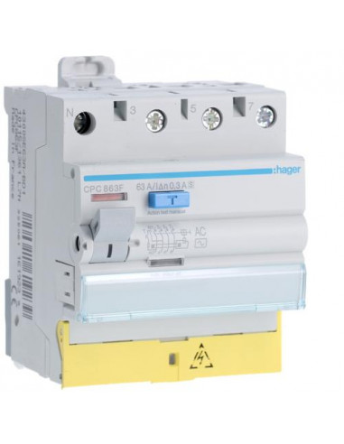Interrupteur différentiel 3P+N 63A 300mA type AC S à bornes décalées HAGER CPC863F