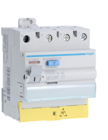 Interrupteur différentiel 3P+N 63A 300mA type AC S à bornes décalées HAGER CPC863F