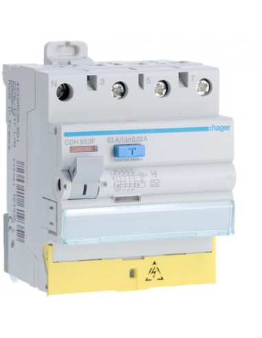 Interrupteur différentiel 3P+N 63A 30mA type haute immunité à bornes décalées HAGER CDH863F